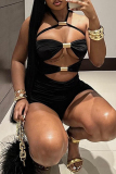 Sexy Solid Hollowed Out Patchwork Halter Skinny Rompers