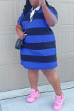 Casual Striped Print Patchwork Turndown Collar Short Sleeve Plus Size Dresses