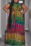 Casual Print Patchwork O Neck Long Plus Size Dresses