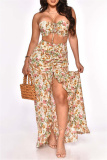 Sexy Casual Print Draw String Frenulum Backless Slit Strapless Sleeveless Two Pieces