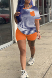 Casual Striped Print Patchwork O Neck Plus Size Two Pieces