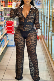 Sexy Lace Patchwork Buckle See-through Contrast Turndown Collar Skinny Jumpsuits