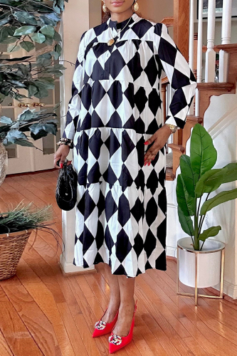 Casual Print Rhombic Buttons Long Dresses