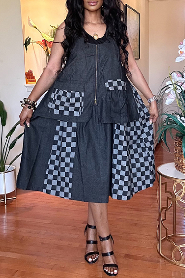 Casual Plaid Patchwork Backless Spaghetti Strap Sleeveless Loose Denim Dresses