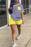 Casual Striped Print Patchwork O Neck Plus Size Two Pieces