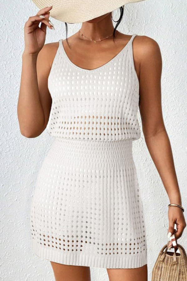 Sexy Solid Hollowed Out See-through Backless Swimwears Cover Up