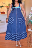 Casual Patchwork Pocket Backless Spaghetti Strap Sleeveless Loose Denim Dresses