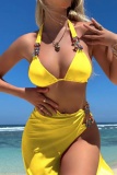Sexy Solid Bandage Backless Rhinestone Swimsuit Three Piece Set (With Paddings)