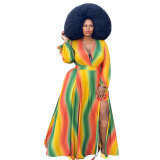 Red Tie Dye Print Deep V Neck Long Sleeve Lace Up Casual High Slit Vacation Maxi Dress