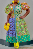 Casual Print Patchwork Turndown Collar Short Sleeve Plus Size Dresses