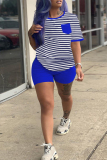 Casual Striped Print Patchwork O Neck Plus Size Two Pieces