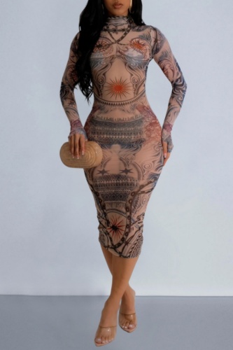 Casual Print Basic Turtleneck Long Sleeve Dresses