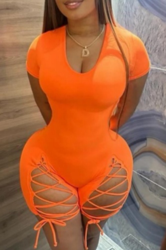Casual Solid Frenulum U Neck Skinny Rompers