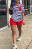 Casual Striped Print Patchwork O Neck Plus Size Two Pieces