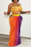 Orange Red Tie Dye Print Sleevless Strapless Crop Bra Top and Cut-Out Maxi Skirt Two Piece Dress Set