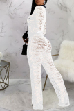 Sexy Lace Patchwork Buckle See-through Contrast Turndown Collar Skinny Jumpsuits
