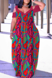 Casual Print Hollowed Out V Neck Long Dresses