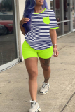 Casual Striped Print Patchwork O Neck Plus Size Two Pieces