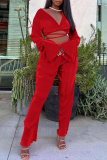 Sexy Casual Solid Bandage V Neck Long Sleeve Two Pieces