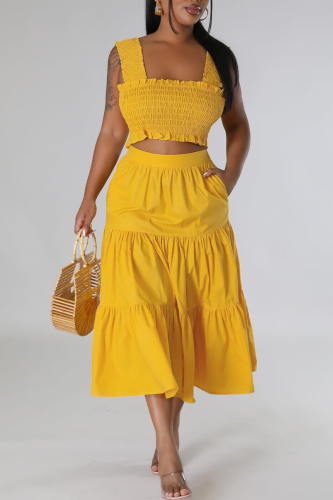Casual Solid Patchwork Fold Square Collar Sleeveless Two Pieces
