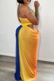 Orange Red Tie Dye Print Sleevless Strapless Crop Bra Top and Cut-Out Maxi Skirt Two Piece Dress Set