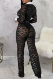 Sexy Lace Patchwork Buckle See-through Contrast Turndown Collar Skinny Jumpsuits