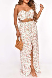 Sexy Casual Print Draw String Frenulum Backless Slit Strapless Sleeveless Two Pieces