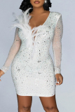 Sexy Patchwork Hot Drilling Feathers V Neck Long Sleeve Dresses