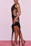 Elegant Patchwork See-through O Neck Irregular Dresses