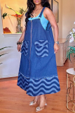 Casual Patchwork Pocket Backless Spaghetti Strap Sleeveless Loose Denim Dresses