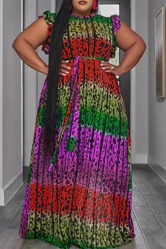 Casual Print Patchwork O Neck Long Plus Size Dresses