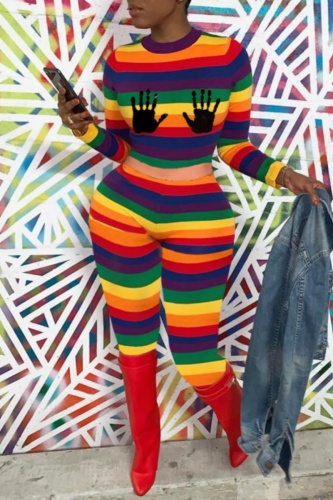Casual Striped Basic O Neck Long Sleeve Two Pieces