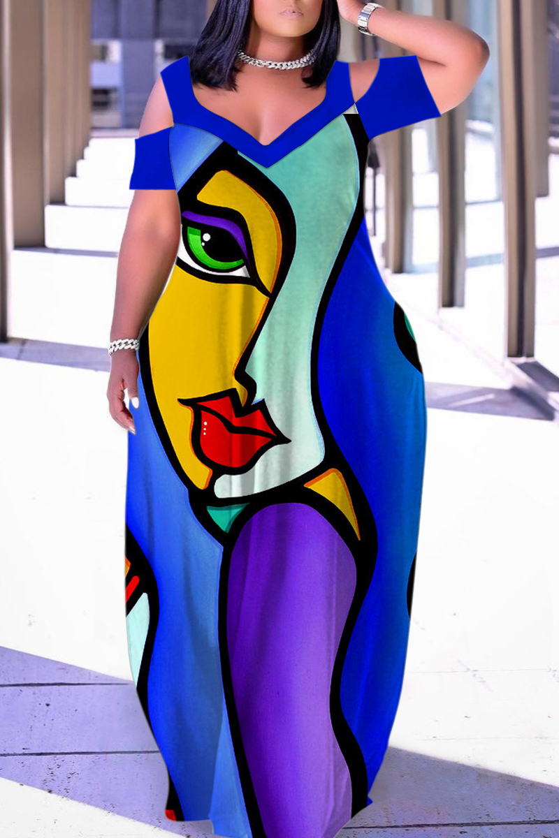 Wholesale Casual Print Hollowed Out V Neck Long Dresses K106650 Online