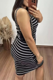 Casual Striped Patchwork O Neck Wrapped Skirt Dresses