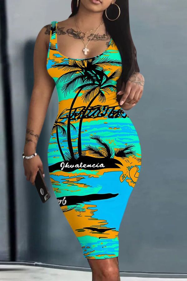 Casual Print Basic U Neck Vest Dresses