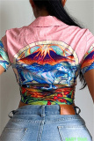 Casual Print Patchwork Turndown Collar Tops