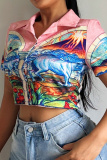 Casual Print Patchwork Turndown Collar Tops