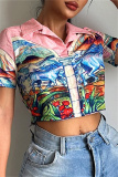 Casual Print Patchwork Turndown Collar Tops