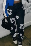 Casual Print Basic High Waist Straight Denim Jeans