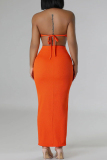 Casual Solid Bandage Patchwork Backless Slit Turtleneck Sleeveless Two Pieces