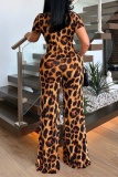 Sexy Print Leopard Bandage Short Sleeve Two Pieces