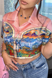 Casual Print Patchwork Turndown Collar Tops