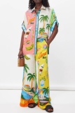 Casual Print Patchwork Shirt Collar Half Sleeve Two Pieces