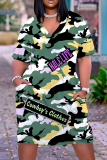Casual Camouflage Print Patchwork V Neck Short Sleeve Short Sleeve Dress