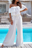 Elegant Solid Flounce Fold Off the Shoulder Loose Jumpsuits