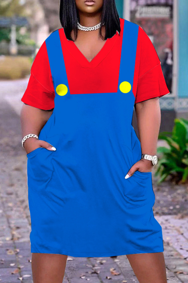 Casual Patchwork Contrast V Neck Short Sleeve Short Sleeve Dress