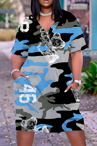 Casual Camouflage Print Patchwork V Neck Short Sleeve Short Sleeve Dress