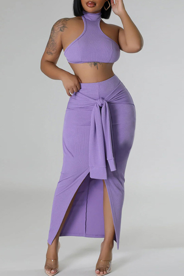 Casual Solid Bandage Patchwork Backless Slit Turtleneck Sleeveless Two Pieces