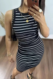 Casual Striped Patchwork O Neck Wrapped Skirt Dresses