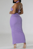 Casual Solid Bandage Patchwork Backless Slit Turtleneck Sleeveless Two Pieces